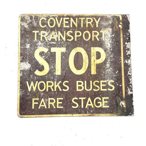 30 - Double sided enamel Coventry Transport stop, works buses fare stage, approximate measurements 13 x 1... 