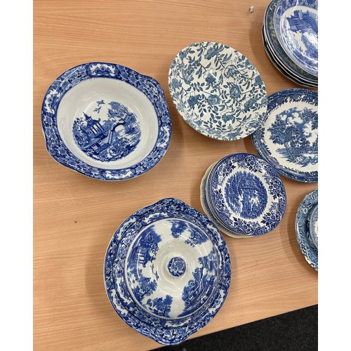 224 - Large selection of blue and white pottery to include meat plates, tureens etc