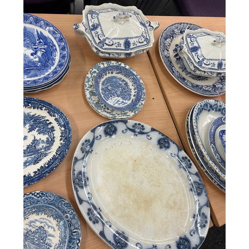 224 - Large selection of blue and white pottery to include meat plates, tureens etc