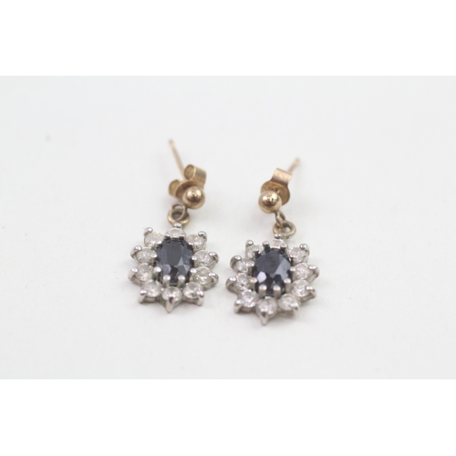 184 - 9ct gold sapphire and cubic zirconia halo drop earrings (1.7g)