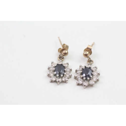 184 - 9ct gold sapphire and cubic zirconia halo drop earrings (1.7g)