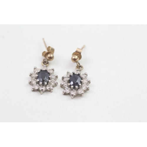 184 - 9ct gold sapphire and cubic zirconia halo drop earrings (1.7g)