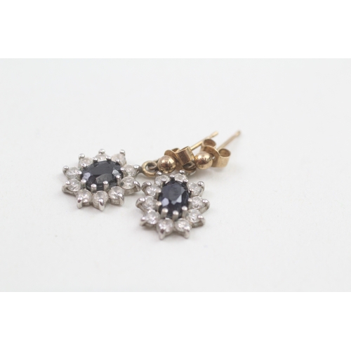 184 - 9ct gold sapphire and cubic zirconia halo drop earrings (1.7g)