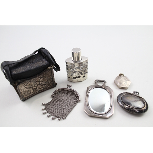 76 - 6 x .925 sterling silver ladies vanity inc chainmail purse, scent bottle etc