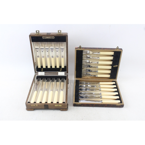 3 - EPNS Cutlery Sets 12 Piece Fish Sets Vintage w/ Wooden Canteen x 2 1854g