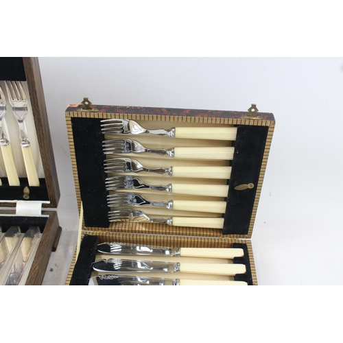 3 - EPNS Cutlery Sets 12 Piece Fish Sets Vintage w/ Wooden Canteen x 2 1854g