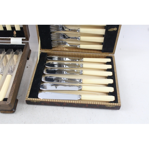 3 - EPNS Cutlery Sets 12 Piece Fish Sets Vintage w/ Wooden Canteen x 2 1854g