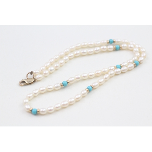 141 - 9ct gold cultured pearl, turquoise and gold bead necklace (20g)