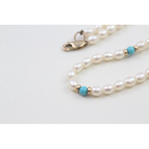 141 - 9ct gold cultured pearl, turquoise and gold bead necklace (20g)