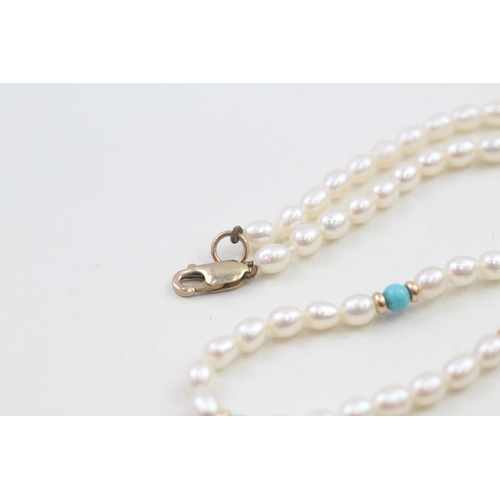 141 - 9ct gold cultured pearl, turquoise and gold bead necklace (20g)