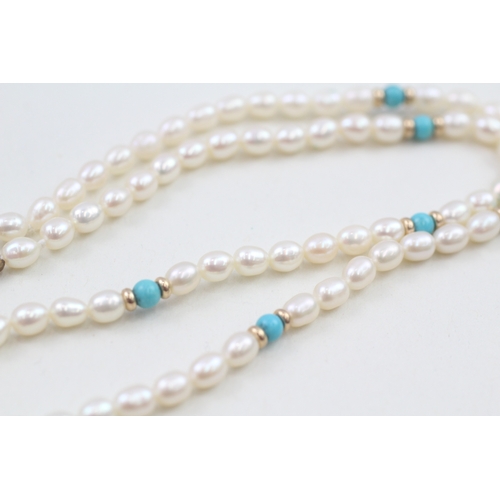 141 - 9ct gold cultured pearl, turquoise and gold bead necklace (20g)