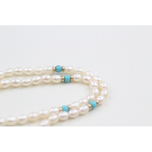 141 - 9ct gold cultured pearl, turquoise and gold bead necklace (20g)