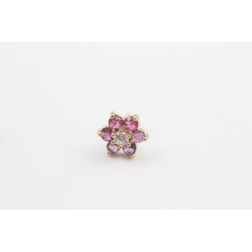 156 - 9ct gold ruby & cubic zirconia floral cluster stud earrings (1.2g)