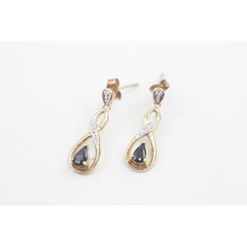 174 - 9ct gold sapphire & diamond drop earrings (1.8g)