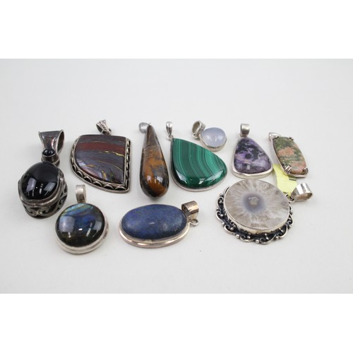 286 - Ten assorted silver gemstone pendants including lapis and japer (146g)