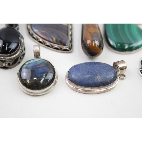 286 - Ten assorted silver gemstone pendants including lapis and japer (146g)