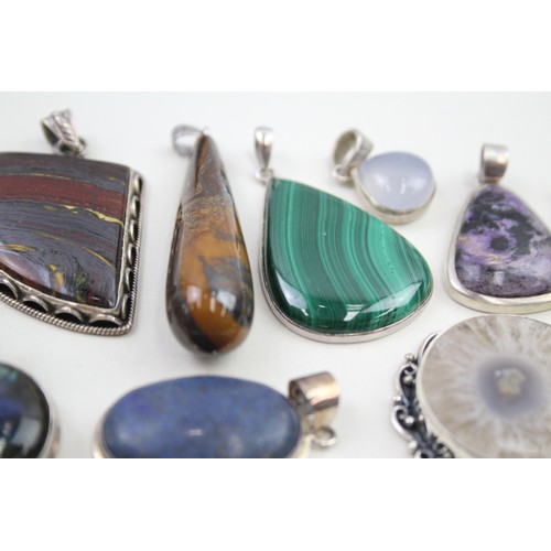 286 - Ten assorted silver gemstone pendants including lapis and japer (146g)