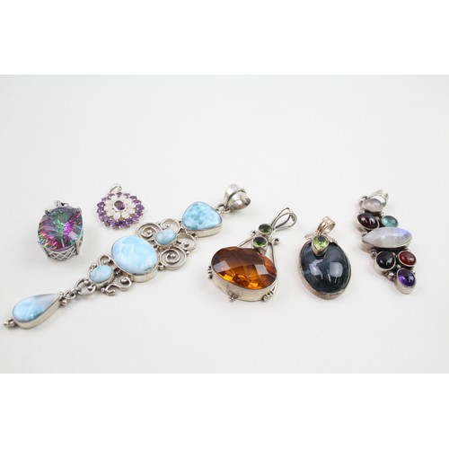 291 - Six assorted silver gemstone pendants including Larrimar and opal (87g)