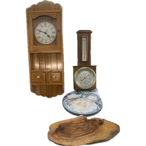 155 - Selection of wooden items to include a clock, barometer etc