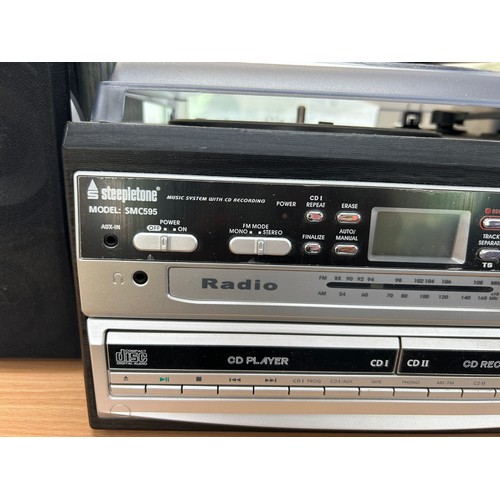 251 - Steepletone SMC-595 Record Player CD Tape Player Radio with speakers and remote, untested