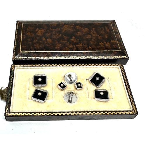 264 - Antique boxed silver cufflink & stud set small pearl missing on cufflink