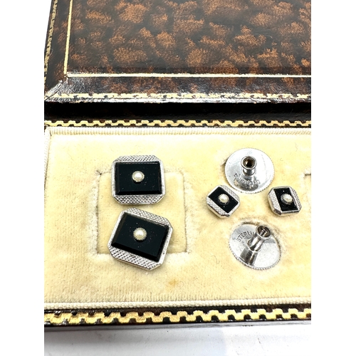 264 - Antique boxed silver cufflink & stud set small pearl missing on cufflink