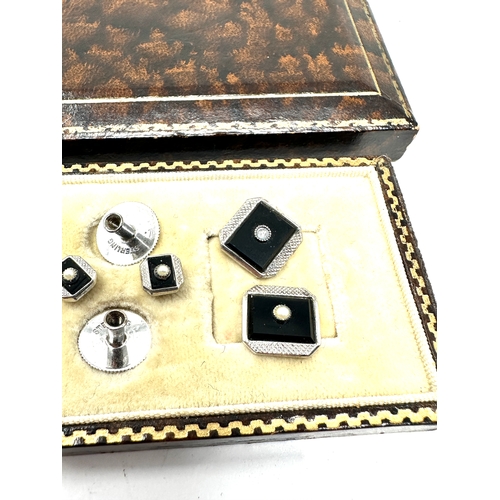 264 - Antique boxed silver cufflink & stud set small pearl missing on cufflink