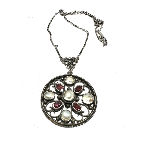 278 - Silver arts & crafts garnet & pearl pendant necklace