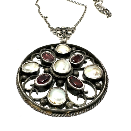 278 - Silver arts & crafts garnet & pearl pendant necklace