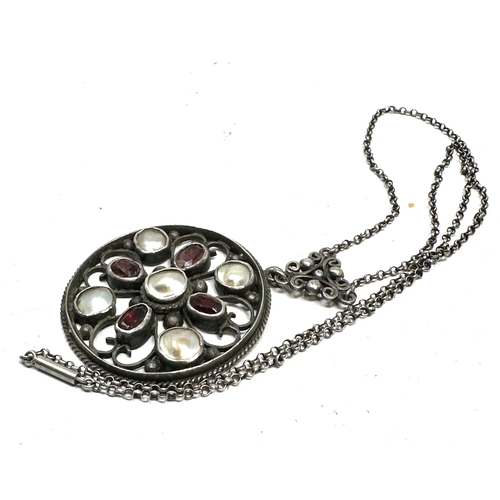 278 - Silver arts & crafts garnet & pearl pendant necklace