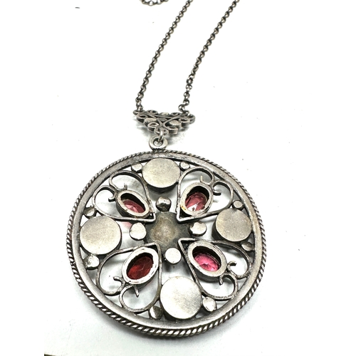 278 - Silver arts & crafts garnet & pearl pendant necklace