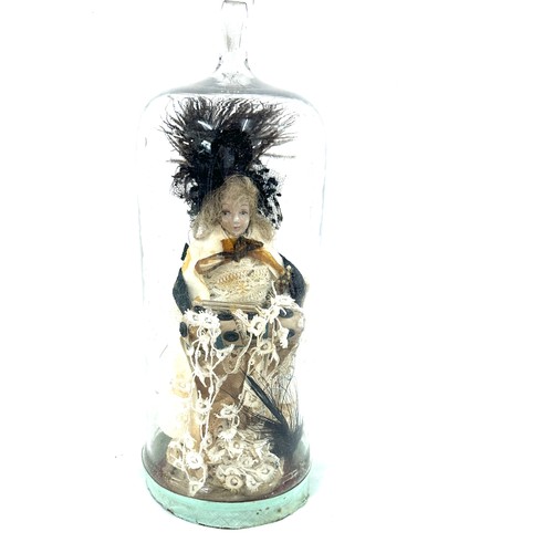 571 - Victorian gypsy doll in glass dome, 11 inches tall