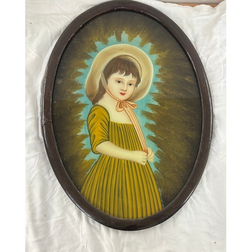 268 - Victorian painting of a girl on glass in oval framed width 19 height 28 inches