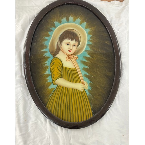 268 - Victorian painting of a girl on glass in oval framed width 19 height 28 inches