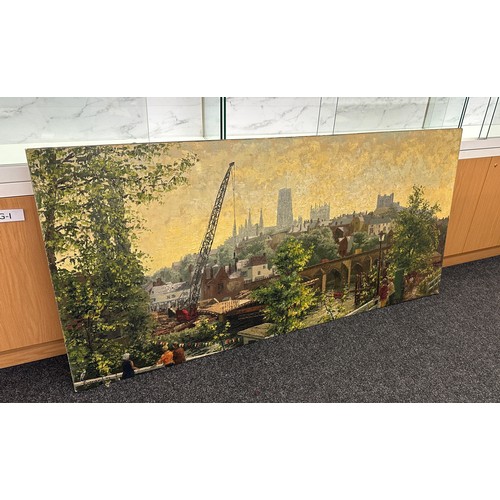 279 - Large oil on canvas painting depicting a river scene with a bridge and crane under a village hall, m... 