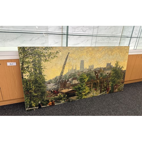 279 - Large oil on canvas painting depicting a river scene with a bridge and crane under a village hall, m... 