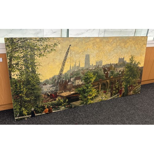 279 - Large oil on canvas painting depicting a river scene with a bridge and crane under a village hall, m... 