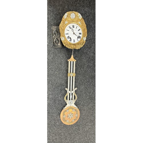 195 - Vintage 2 key hole wall hanging clock with over sized pendulum length approximately 55 inches