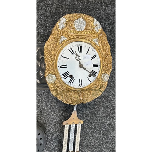 195 - Vintage 2 key hole wall hanging clock with over sized pendulum length approximately 55 inches