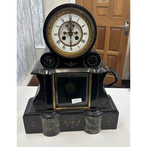 186 - Vintage 2 key hole slate mantel clock, 19 inches tall