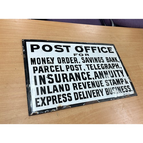 28 - Vintage metal and enamel Post office advertising sign measures approximately 26 inches wide 17 inche... 