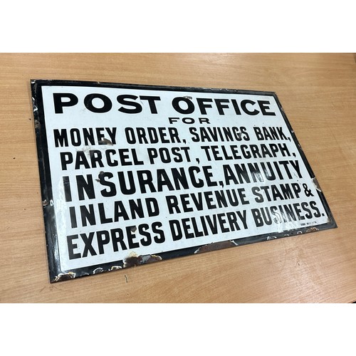 28 - Vintage metal and enamel Post office advertising sign measures approximately 26 inches wide 17 inche... 