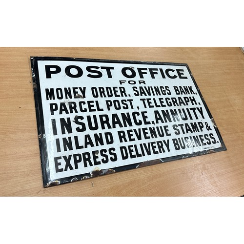 28 - Vintage metal and enamel Post office advertising sign measures approximately 26 inches wide 17 inche... 