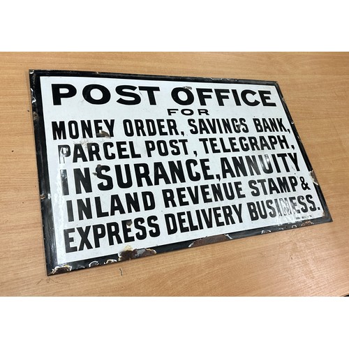 28 - Vintage metal and enamel Post office advertising sign measures approximately 26 inches wide 17 inche... 