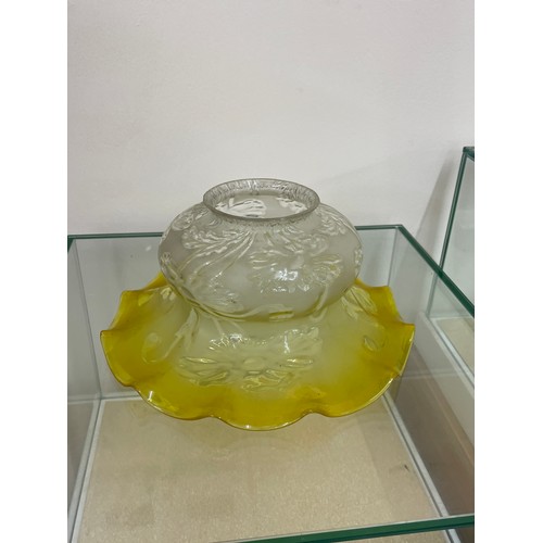 636 - Antique yellow glass oil lamp shade measures approximately 5 inches tall 10inches diameter