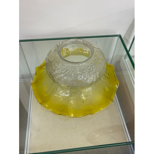 636 - Antique yellow glass oil lamp shade measures approximately 5 inches tall 10inches diameter