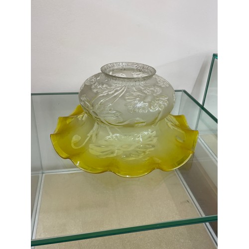 636 - Antique yellow glass oil lamp shade measures approximately 5 inches tall 10inches diameter