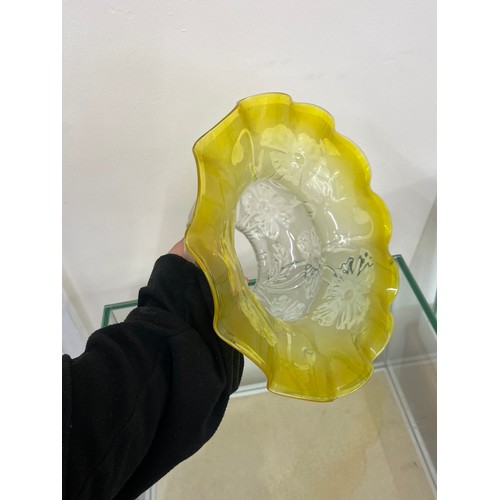 636 - Antique yellow glass oil lamp shade measures approximately 5 inches tall 10inches diameter