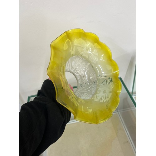 636 - Antique yellow glass oil lamp shade measures approximately 5 inches tall 10inches diameter