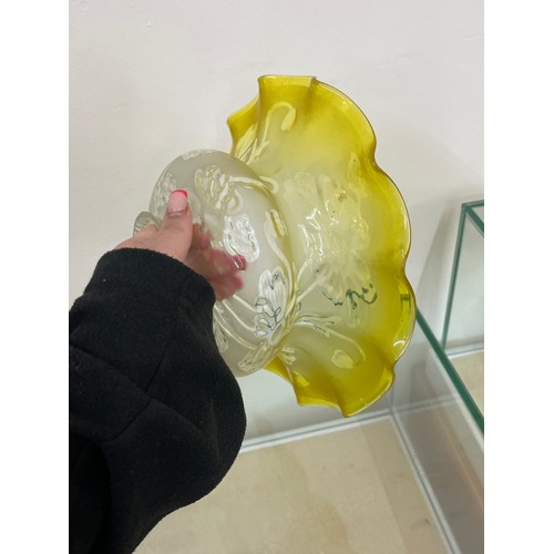 636 - Antique yellow glass oil lamp shade measures approximately 5 inches tall 10inches diameter